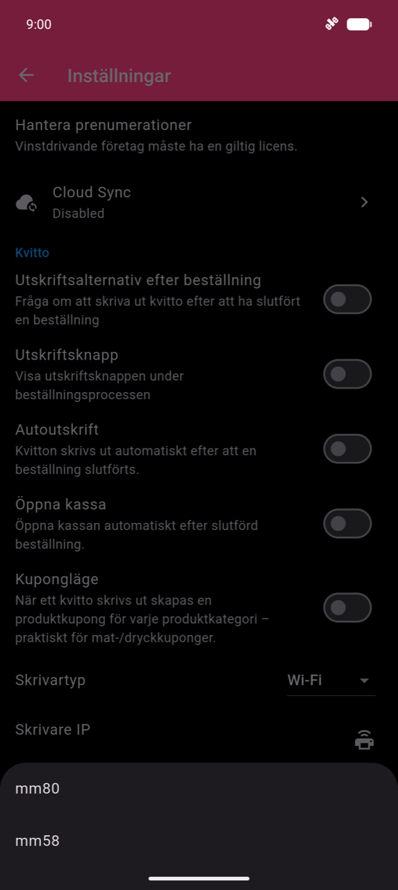 Papperstorleksbotten med två alternativ: mm80 och mm58