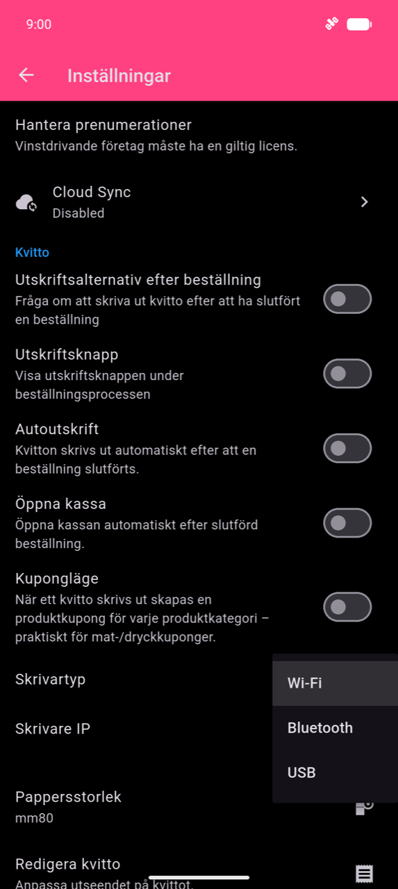 Kvittosektionen i Inställningar med rullgardinsmenyn Skrivartyp öppen, som visar de tre alternativen: Wi-Fi, Bluetooth och USB