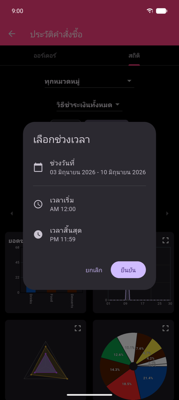 ไดอะล็อกเลือกช่วงเวลาบนหน้าจอสถิติ สามแถว: ช่วงวันที่ (แสดง 03 มิถุนายน 2026 – 10 มิถุนายน 2026) เวลาเริ่ม (12:00 AM) และเวลาสิ้นสุด (11:59 PM) ปุ่มยกเลิกและยืนยันที่ด้านล่าง