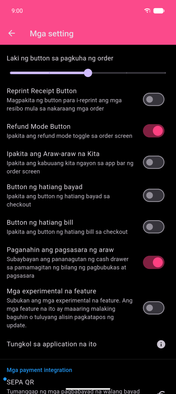 Settings screen na may Enable day closing toggle na naka-on (pink), may label na "Track cash drawer accountability with opening and closing counts", kasama ang iba pang mga feature toggle