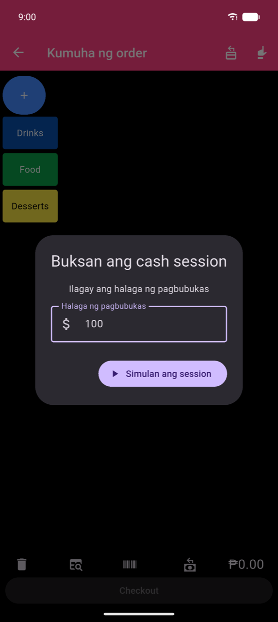 Open cash session dialog sa ibabaw ng Take Order screen: "Enter the opening cash amount", Opening amount field na naglalaman ng 100, Start session button — walang Cancel button