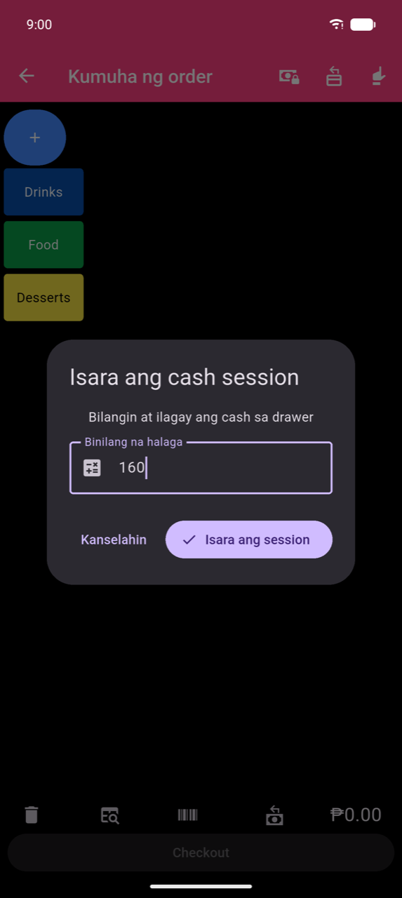 Close cash session dialog: "Count and enter the cash in the drawer", Counted amount field na naglalaman ng 160, Cancel at Close session buttons