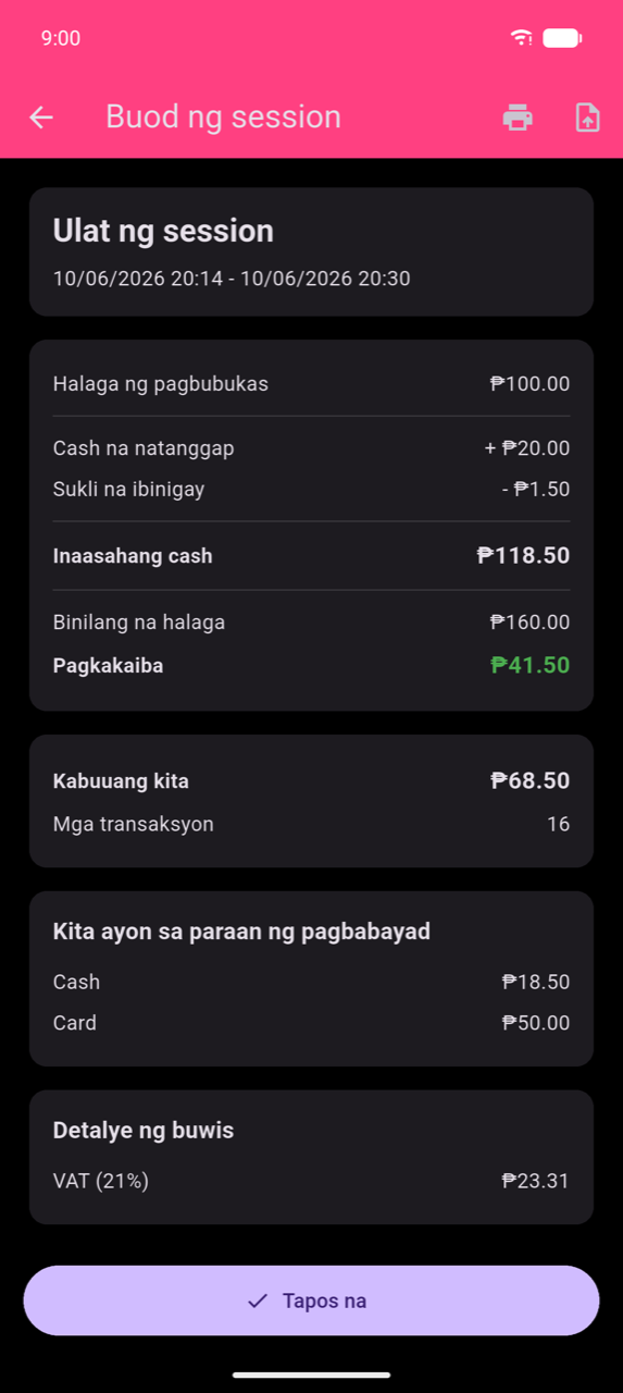 Session summary screen: Session Report card na may date range, cash calculation card (Opening amount, Cash received, Change given, Expected cash, Counted amount, Difference sa berde), Total revenue at Transactions, Revenue by payment method (Cash at Card), Tax breakdown (VAT 21%), Done button