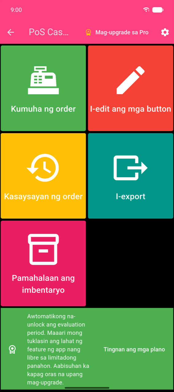 Home menu: limang may kulay na tile (Kumuha ng order, I-edit ang mga button, Kasaysayan ng order, I-export, Pamahalaan ang imbentaryo) kasama ang gear icon sa pink na app bar