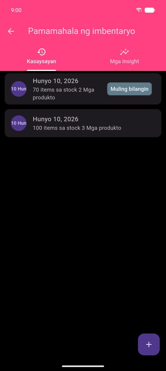 Inventory management, History tab: dalawang order row na parehong may petsang Hunyo 10, 2026 — isa na nagpapakita ng "70 items in 2 Products" na may Recount chip, isa na nagpapakita ng "100 items in 3 Products" — na may + FAB sa kanang ibaba