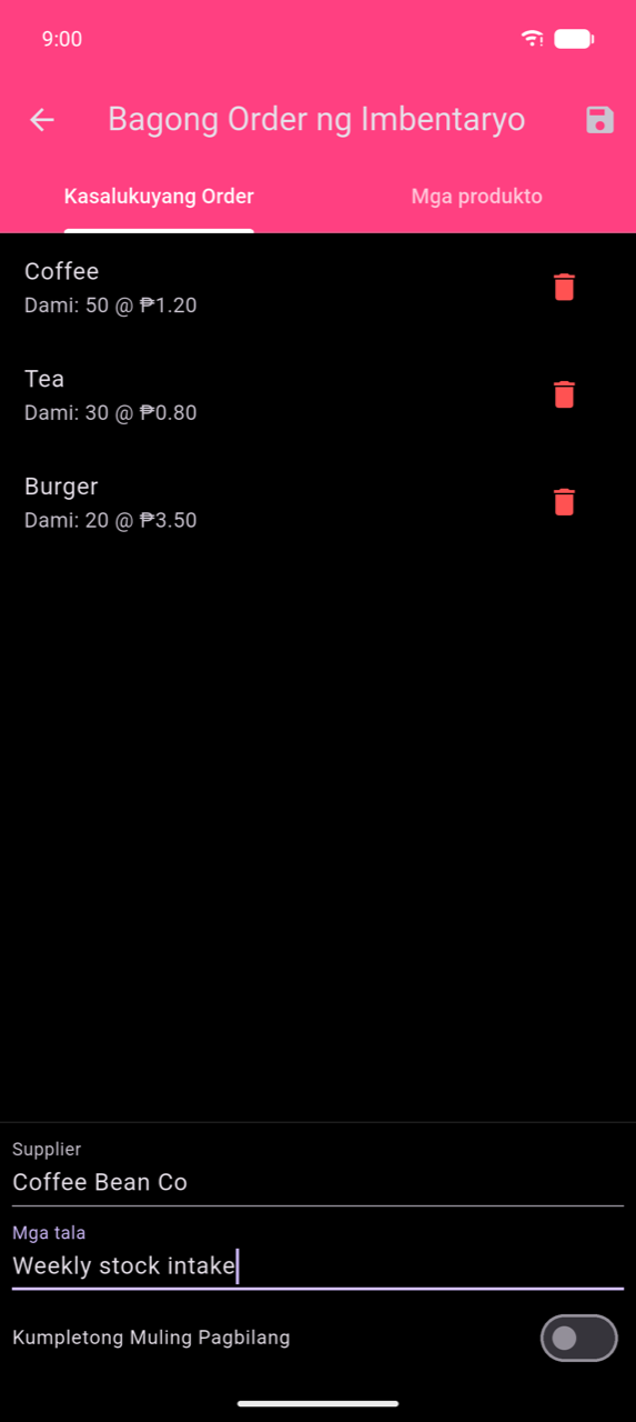 New Inventory Order, Current Order tab: tatlong linya — Coffee Qty: 50 @ $1.20, Tea Qty: 30 @ $0.80, Burger Qty: 20 @ $3.50 — bawat isa ay may trash icon; Supplier field ("Coffee Bean Co"), Notes field ("Weekly stock intake"), at Full Recount toggle (naka-off) sa ibaba