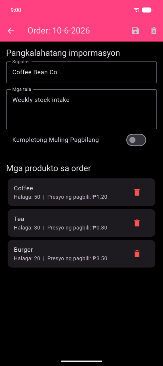 Order detail para sa 10-6-2026: General information section na may Supplier "Coffee Bean Co" at Notes "Weekly stock intake", Full Recount toggle (naka-off), pagkatapos ay Products in order — Coffee (Amount: 50 | Purchasing price: $1.20), Tea (Amount: 30 | Purchasing price: $0.80), Burger (Amount: 20 | Purchasing price: $3.50) — bawat isa ay may trash icon