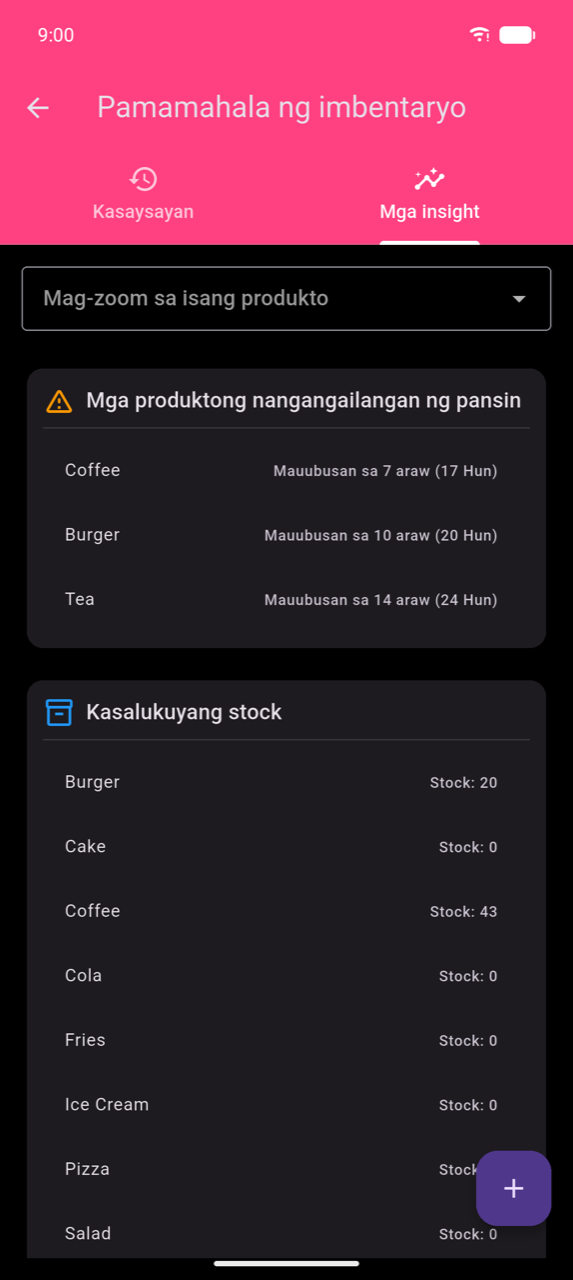 Inventory management, Insights tab: "Mag-zoom sa isang produkto" dropdown; "Mga produktong nangangailangan ng pansin" card na naglilista ng Coffee (Mauubusan sa 7 araw, Jun 17), Burger (Mauubusan sa 10 araw, Jun 20), Tea (Mauubusan sa 14 araw, Jun 24); "Kasalukuyang stock" card na nagpapakita ng Burger 20, Cake 0, Coffee 43, Cola 0, Fries 0, Ice Cream 0, na may higit pang mga produkto sa ibaba ng fold