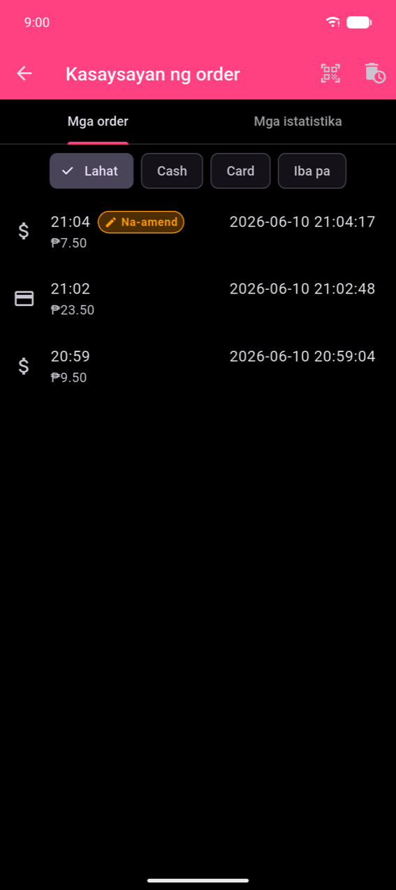 Screen ng Kasaysayan ng order, tab na Orders: filter chips na All (pinili), Cash, Card, Other; tatlong row — ang una ay may dollar icon, oras na 21:04, orange na badge na Amended, petsa na 2026-06-10 21:04:17, at ₱7.50; ang ikalawa ay may card icon, 21:02, petsa na 2026-06-10 21:02:48, ₱23.50; ang ikatlo ay may dollar icon, 20:59, petsa na 2026-06-10 20:59:04, ₱9.50