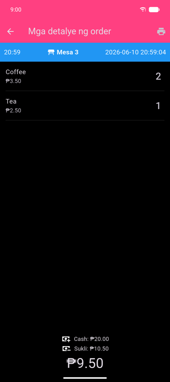 Screen ng mga detalye ng order: asul na header bar na nagpapakita ng 20:59, isang table icon, Table 3, at 2026-06-10 20:59:04; Coffee ₱3.50 dami 2 at Tea ₱2.50 dami 1; bahagi sa ibaba na nagpapakita ng Cash: ₱20.00, Change: ₱10.50, at kabuuang ₱9.50