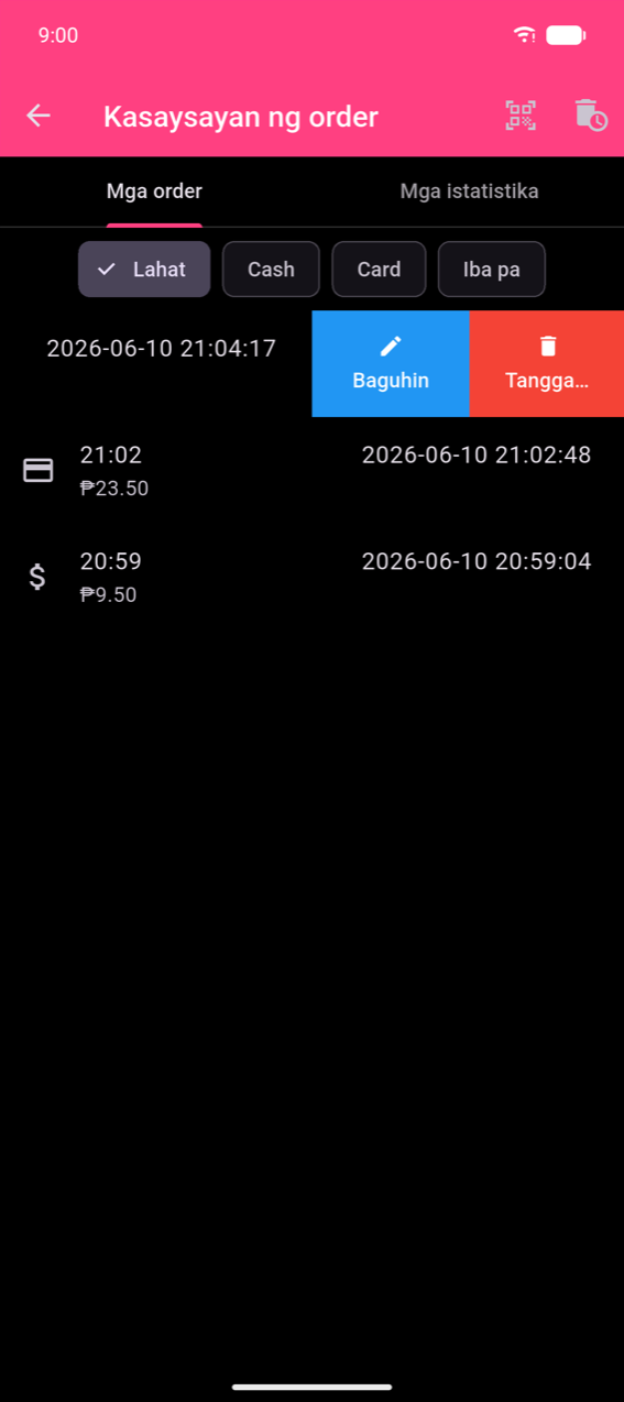 Listahan ng kasaysayan ng order na may tuktok na row na na-swipe pakaliwa, inilalabas ang isang asul na button na Amend na may pencil icon at isang pulang button na Delete na may trash icon; ang petsa ng row na 2026-06-10 21:04:17 ay nakikita sa kaliwa; dalawang ibang row ang nananatili sa ibaba