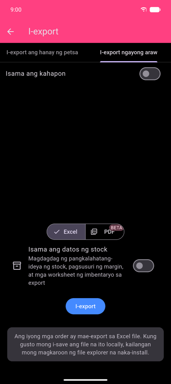 Export screen, tab na Export today: toggle ng Isama ang kahapon (naka-off); toggle ng format na Excel / PDF BETA na may Excel na pinili; toggle ng Isama ang datos ng stock (naka-off); asul na button na I-export; parehong snackbar sa ibaba