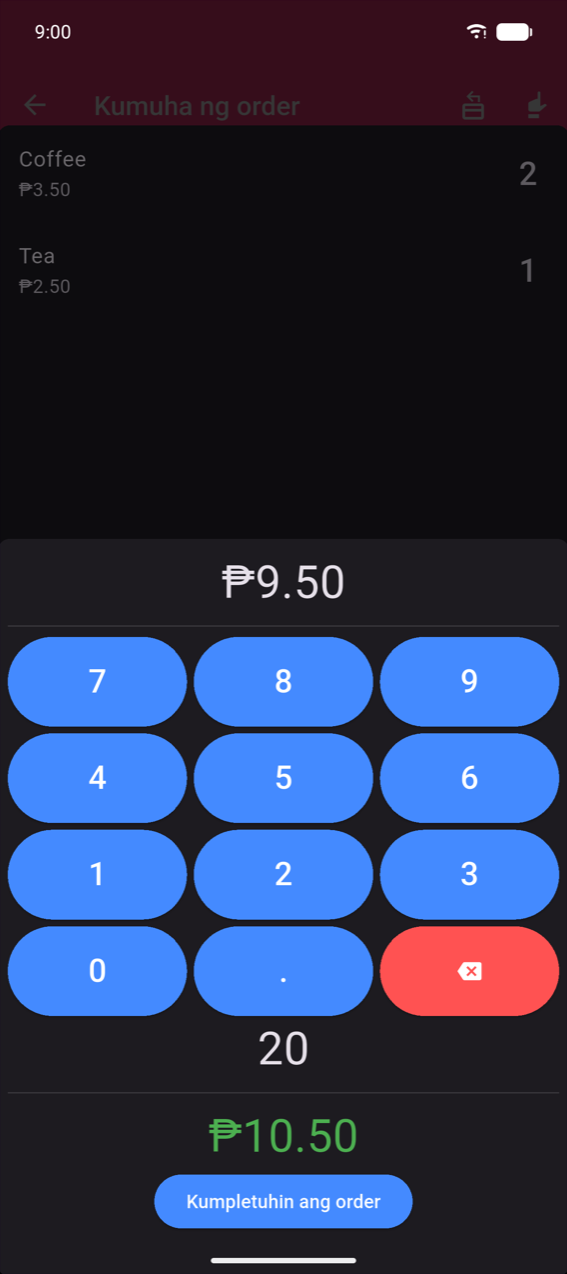 Change calculator: kabuuang ₱9.50 ng order na ipinapakita sa itaas; numpad na may naipasok na "20"; sukli na ₱10.50 na ipinapakita sa berde; button na Kumpletuhin ang order sa ibaba