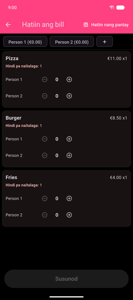 Hakbang na magtakda ng Hatiin ang bill: mga chip ng Person 1 at Person 2 (parehong €0.00) sa itaas; tatlong product card — Pizza (€11.00 ×1, Unassigned: 1), Burger (€8.50 ×1, Unassigned: 1), Fries (€4.00 ×1, Unassigned: 1) — bawat isa ay may per-person ± stepper; naka-grey na Next button