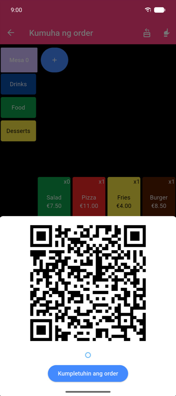 Screen ng SEPA QR: app bar ng Kumuha ng order na may mga table at category button na nakikita sa likod ng isang malaking puting SEPA payment QR code; button na Kumpletuhin ang order sa ibaba