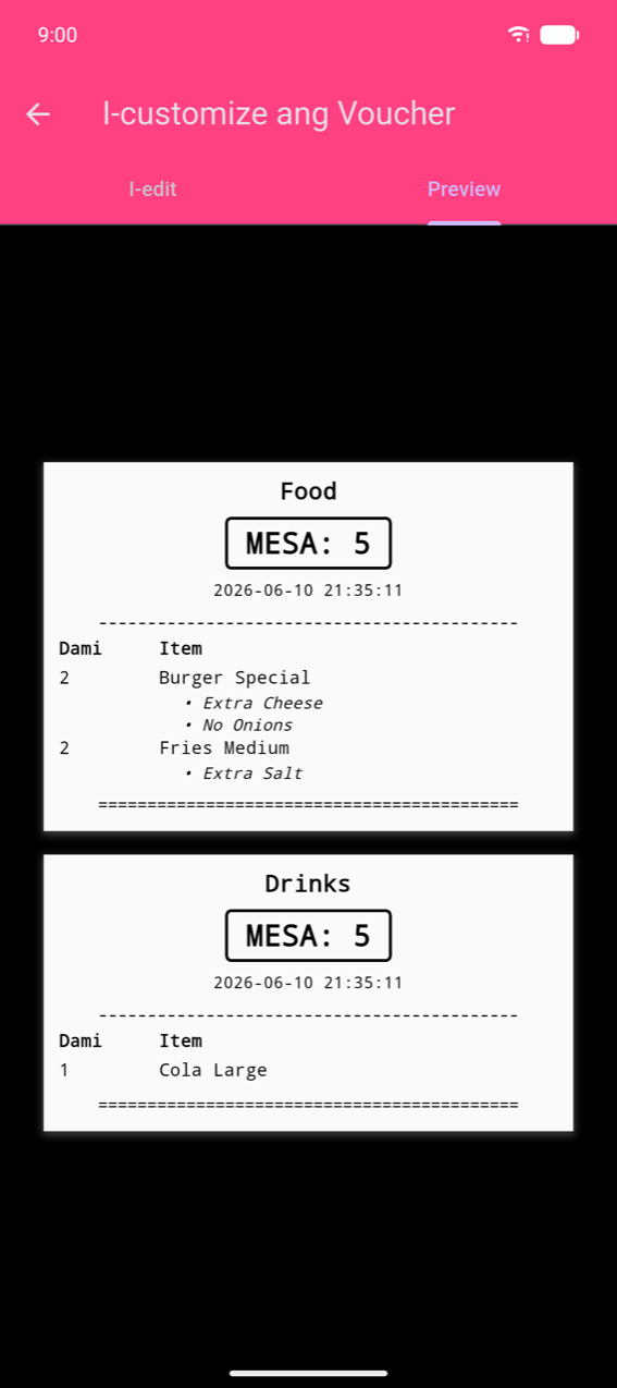 I-customize ang Voucher, tab na Preview: dalawang per-category ticket — "Food" (TABLE: 5, 2× Burger Special na may Extra Cheese at No Onions na opsyon, 2× Fries Medium na may Extra Salt) at "Drinks" (TABLE: 5, 1× Cola Large) — bawat isa ay pinaghihiwalay ng double line