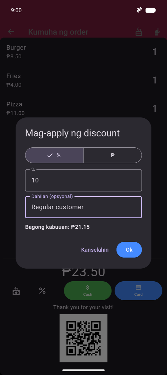 Dialog na Mag-apply ng discount: toggle ng uri na % / $ na naka-pili ang %; value field na nagpapakita ng 10; field na Reason (optional) na nagpapakita ng "Regular customer"; preview na New total: ₱21.15; mga button na Cancel at Ok; sa likod ng dialog ipinapakita ng order ang Burger ₱8.50 ×1, Fries ₱4.00 ×1, Pizza ₱11.00 ×1 at ang ₱23.50 checkout bar na may mga button na Cash at Card