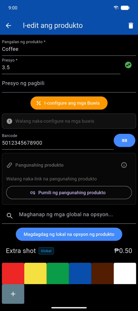 Edit product form: Product name "Coffee", Price field na may sign-toggle button, Purchasing price, Configure Taxes button, No taxes configured box, Barcode field na may scan icon, Parent product section, Search global options field, Add local product option button, isang kasalukuyang option row, at mga colour swatch