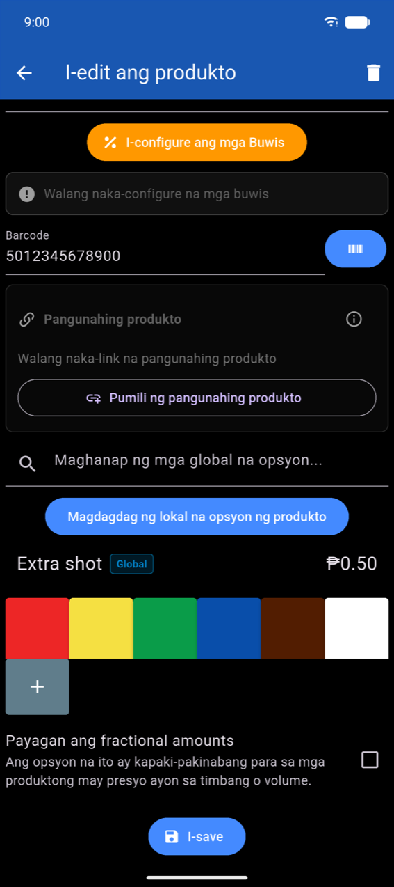 Ibabang bahagi ng Edit product: mga colour swatch na may + custom button, Allow fractional amounts toggle na may paglalaran na "Ang opsyon na ito ay kapaki-pakinabang para sa mga produktong may presyo ayon sa timbang o volume.", Save button