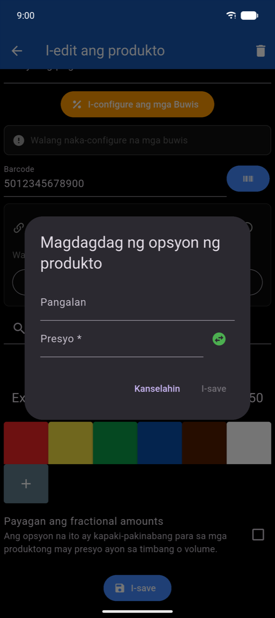Add product option dialog: Name field, Price * field na may sign-toggle, Cancel at Save buttons (disabled ang Save hanggang hindi pa nailalagay ang pangalan)