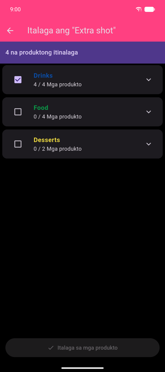 Assign "Extra shot": purple banner na nagpapakita ng "4 na produktong itinalaga", mga category row para sa Drinks (namarkahan, 4/4), Food (hindi namarkahan, 0/4), Desserts (hindi namarkahan, 0/2), Assign to products button sa ibaba