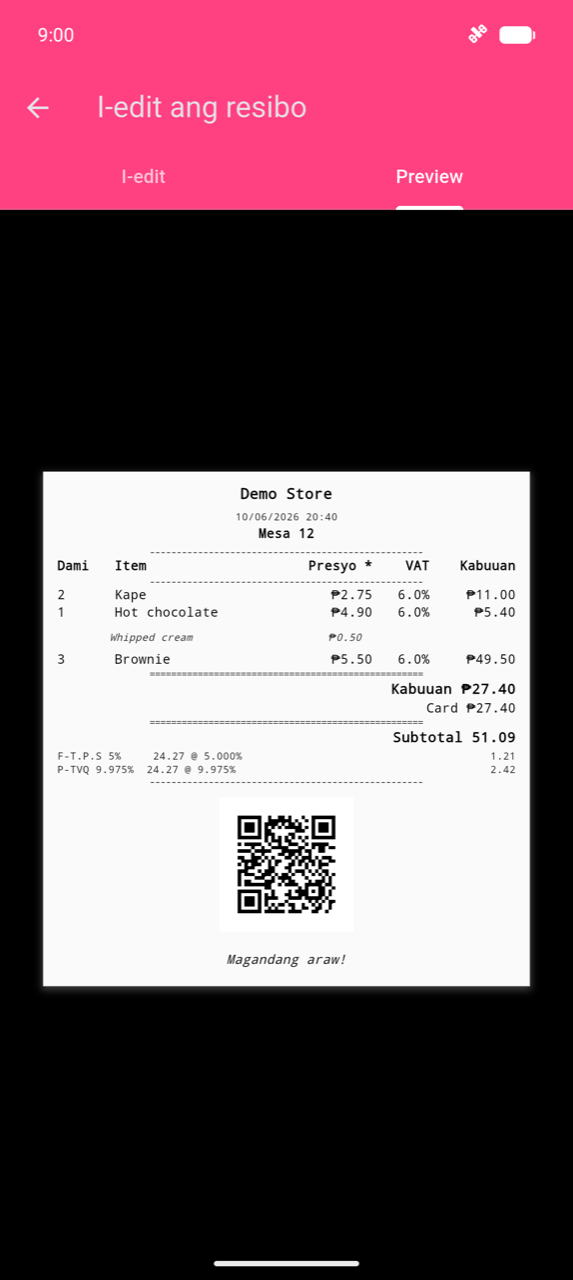 I-edit ang resibo, tab na Preview: dummy na resibo para sa "Demo Store" na nagpapakita ng listahan ng item na may column ng VAT, mga row ng detalye ng buwis, isang QR code, at footer na "Have a nice day!"