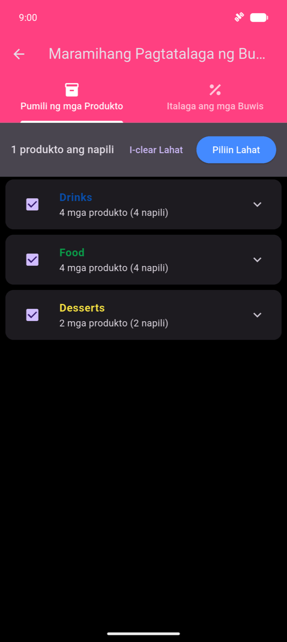 Maramihang Pagtatalaga ng Buwis, tab na Pumili ng mga Produkto: banner na nagpapakita ng 10 produktong napili na may button na Piliin Lahat; tatlong nakatiklop na row ng kategorya — Drinks (4 sa 4 napili), Food (4 sa 4), Desserts (2 sa 2) — lahat ay naka-check