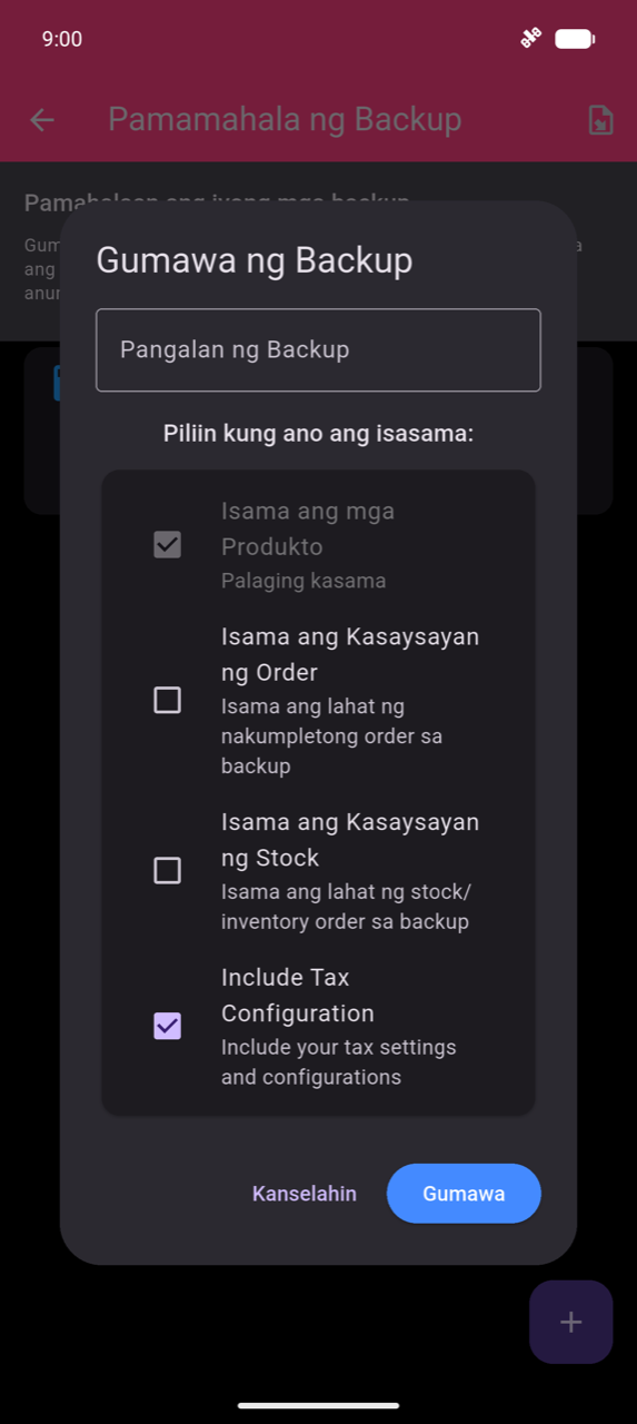 Dialog na Gumawa ng Backup: text field na Pangalan ng Backup; mga checkbox para sa Isama ang Mga Produkto (laging kasama, pre-checked), Isama ang Kasaysayan ng Order, Isama ang Kasaysayan ng Stock, at Isama ang Kumpigurasyon ng Buwis (naka-check); mga button na Cancel at Gumawa