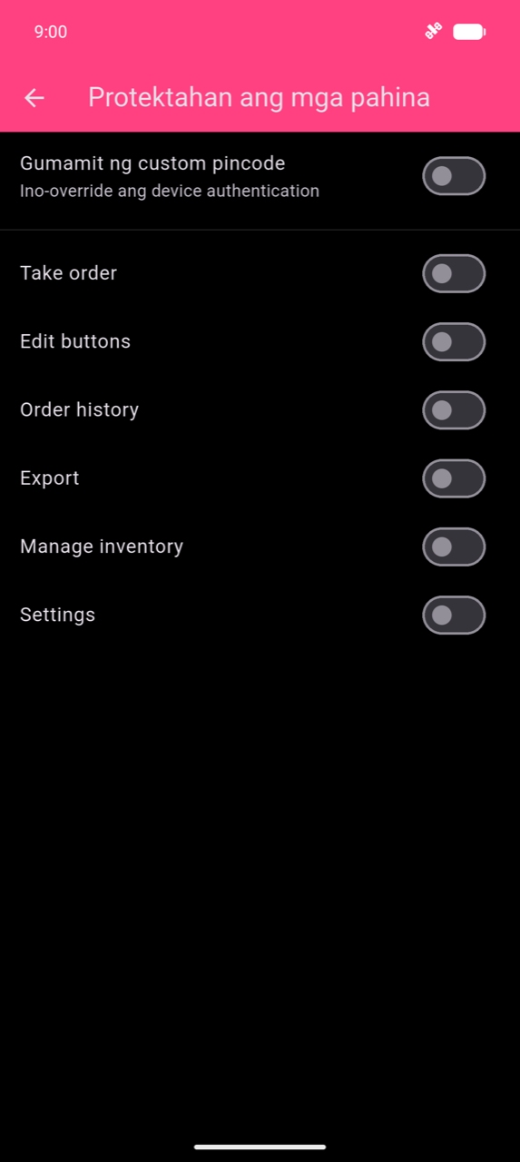 Screen ng Protektahan ang mga pahina: toggle na Gumamit ng custom pincode sa itaas (naka-off, subtitle na "Overrides device authentication"), pagkatapos ay anim na toggle ng pahina — Kumuha ng order, I-edit ang mga button, Kasaysayan ng order, I-export, Pamahalaan ang imbentaryo, Mga setting — lahat ay naka-off