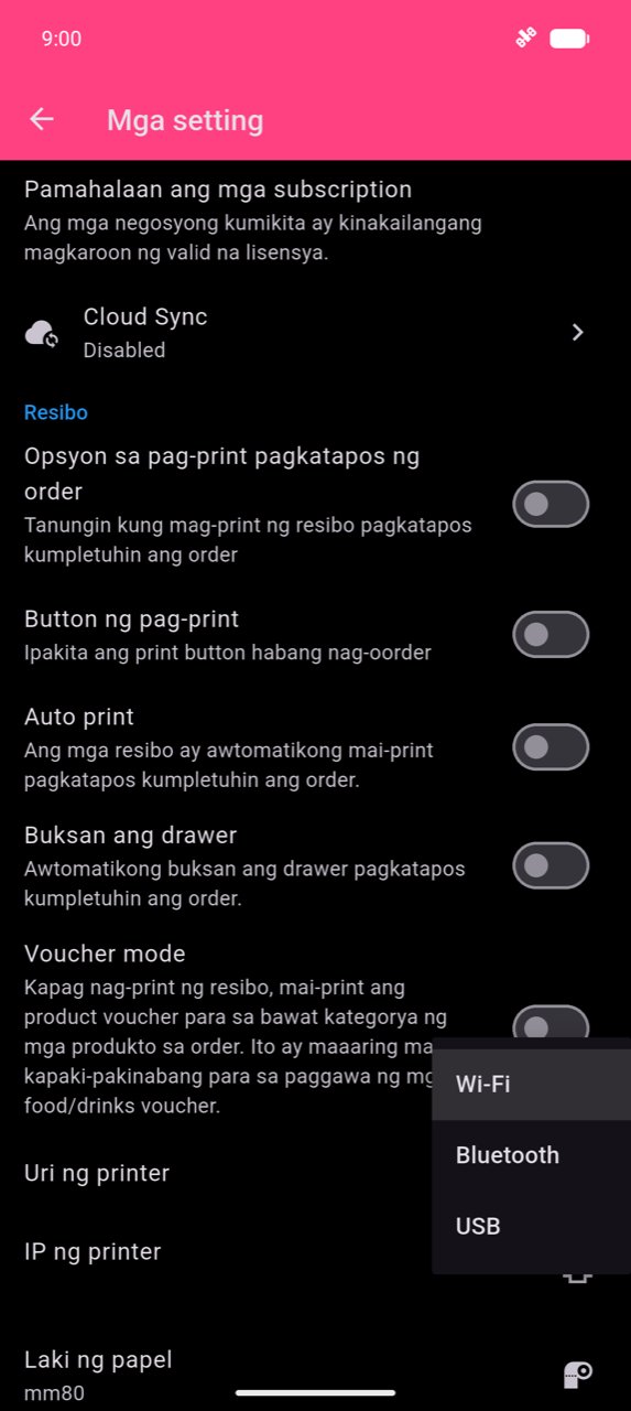 Seksyon ng Resibo sa Mga setting na bukas ang dropdown ng Uri ng printer, nagpapakita ng tatlong opsyon: Wi-Fi, Bluetooth, at USB
