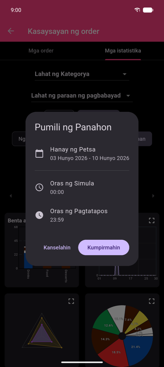 Dialog na Pumili ng Panahon sa ibabaw ng screen ng Mga istatistika. Tatlong row: Hanay ng Petsa (nagpapakita ng 03 Hunyo 2026 – 10 Hunyo 2026), Oras ng Simula (12:00 AM), at Oras ng Pagtatapos (11:59 PM). Mga button na Cancel at Kumpirmahin sa ibaba.