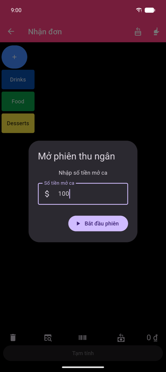 Hộp thoại Mở phiên thu ngân trên màn hình Nhận đơn: "Nhập số tiền mở ca", trường Số tiền mở ca chứa 100, nút Bắt đầu phiên — không có nút Hủy