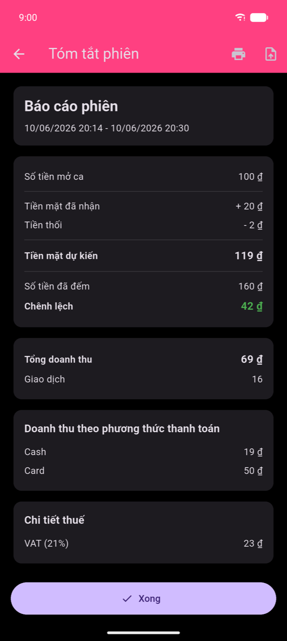 Màn hình tóm tắt phiên: thẻ Báo cáo phiên với khoảng ngày, thẻ tính toán tiền mặt (Số tiền mở ca, Tiền mặt đã nhận, Tiền thối, Tiền mặt dự kiến, Số tiền đã đếm, Chênh lệch màu xanh), Tổng doanh thu và Giao dịch, Doanh thu theo phương thức thanh toán (Tiền mặt và Thẻ), Chi tiết thuế (VAT 21%), nút Xong