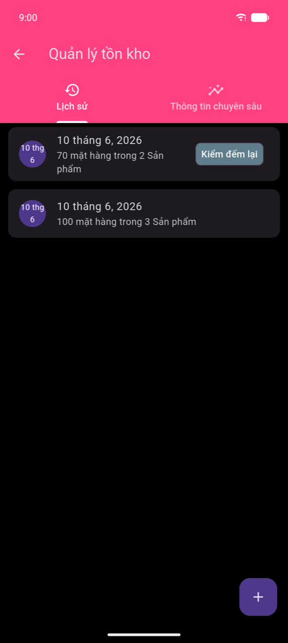Quản lý tồn kho, tab History: hai dòng đơn đều ngày 10 tháng 6 năm 2026 — một dòng hiển thị "70 items in 2 Products" với chip Recount, một dòng hiển thị "100 items in 3 Products" — với nút + FAB ở góc dưới bên phải