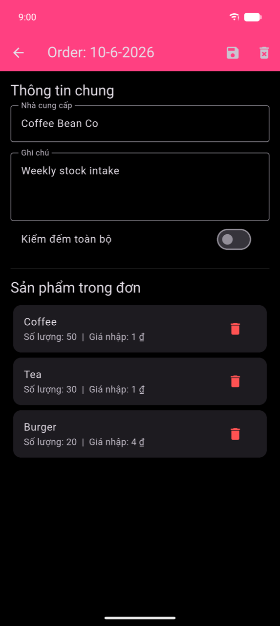 Chi tiết lệnh ngày 10-6-2026: phần General information với Nhà cung cấp "Coffee Bean Co" và Ghi chú "Weekly stock intake", nút bật/tắt Kiểm đếm toàn bộ (đang tắt), rồi Products in order — Coffee (Amount: 50 | Purchasing price: $1.20), Tea (Amount: 30 | Purchasing price: $0.80), Burger (Amount: 20 | Purchasing price: $3.50) — mỗi mục có biểu tượng thùng rác