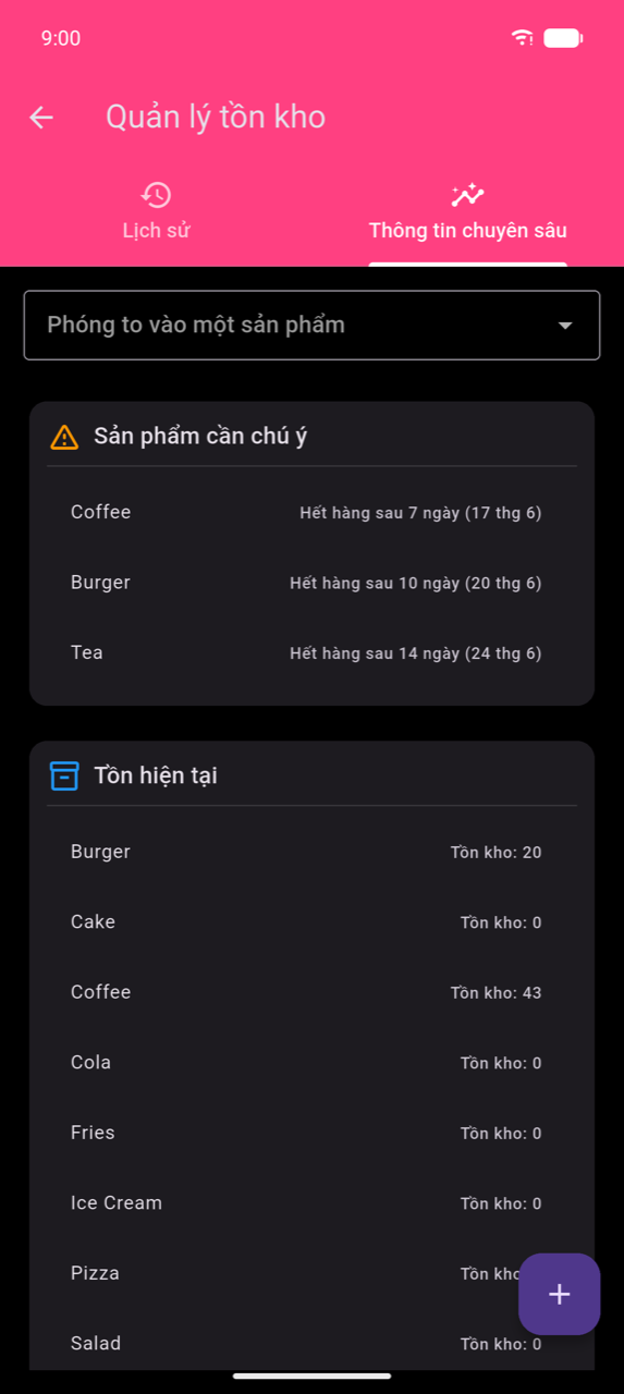 Quản lý tồn kho, tab Thông tin chuyên sâu: dropdown "Phóng to vào một sản phẩm"; thẻ "Sản phẩm cần chú ý" liệt kê Coffee (Hết hàng sau 7 ngày, 17/6), Burger (Hết hàng sau 10 ngày, 20/6), Tea (Hết hàng sau 14 ngày, 24/6); thẻ "Tồn hiện tại" hiển thị Burger 20, Cake 0, Coffee 43, Cola 0, Fries 0, Ice Cream 0, cùng nhiều sản phẩm khác bên dưới