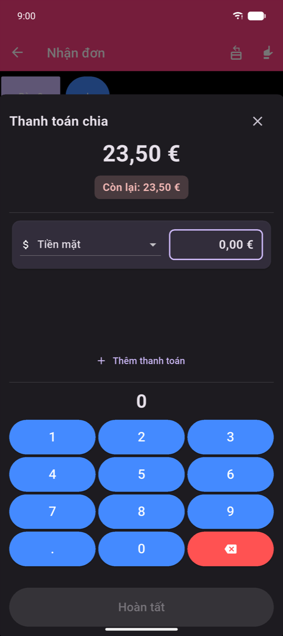 Hộp thoại Thanh toán chia: tổng €23.50, chip Còn lại: €23.50, một hàng Tiền mặt với trường số tiền €0.00, liên kết + Thêm thanh toán, bàn phím số thập phân, nút Hoàn tất bị mờ