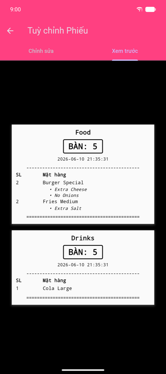Tuỳ chỉnh Phiếu, tab Xem trước: hai phiếu theo danh mục — "Đồ ăn" (BÀN: 5, 2× Burger Đặc Biệt với các tùy chọn Thêm Phô Mai và Không Hành, 2× Khoai Tây Chiên Vừa với Thêm Muối) và "Đồ uống" (BÀN: 5, 1× Cola Lớn) — mỗi phiếu được phân cách bằng đường đôi