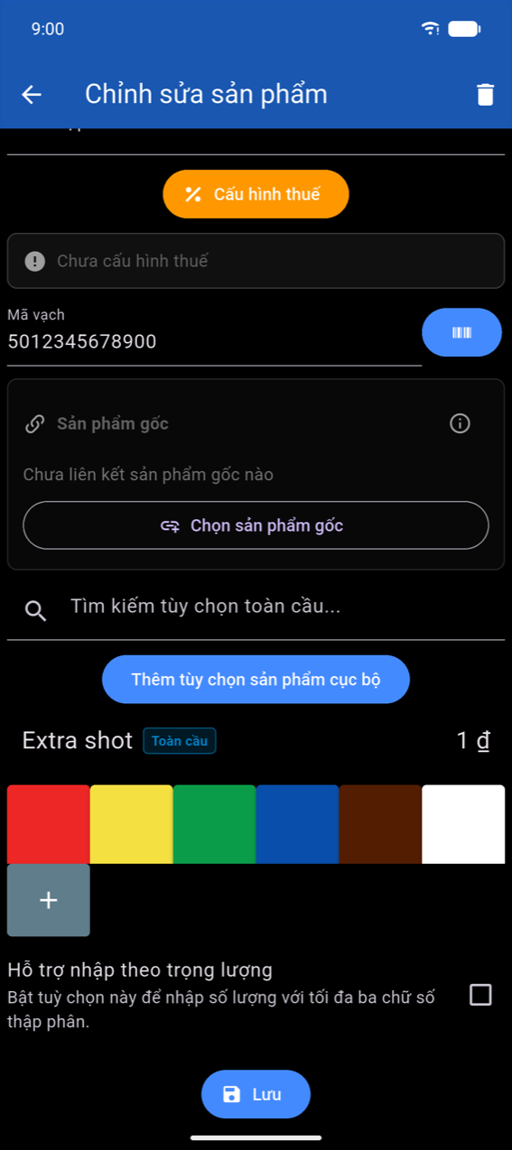Phần dưới của Chỉnh sửa sản phẩm: bộ màu với nút tùy chỉnh +, công tắc Hỗ trợ nhập theo trọng lượng với mô tả "Bật tuỳ chọn này để nhập số lượng với tối đa ba chữ số thập phân.", nút Lưu