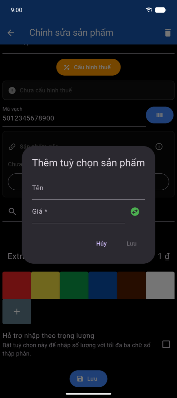 Hộp thoại Thêm tuỳ chọn sản phẩm: trường Tên, trường Giá * với nút chuyển đổi dấu, nút Hủy và Lưu (Lưu bị vô hiệu hóa cho đến khi nhập tên)