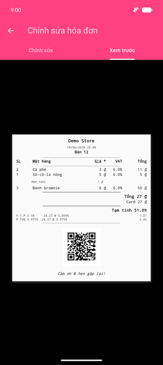 Chỉnh sửa hóa đơn, tab Preview: hóa đơn mẫu của "Demo Store" hiển thị danh sách sản phẩm với cột VAT, các hàng chi tiết thuế, mã QR và dòng chân "Have a nice day!"