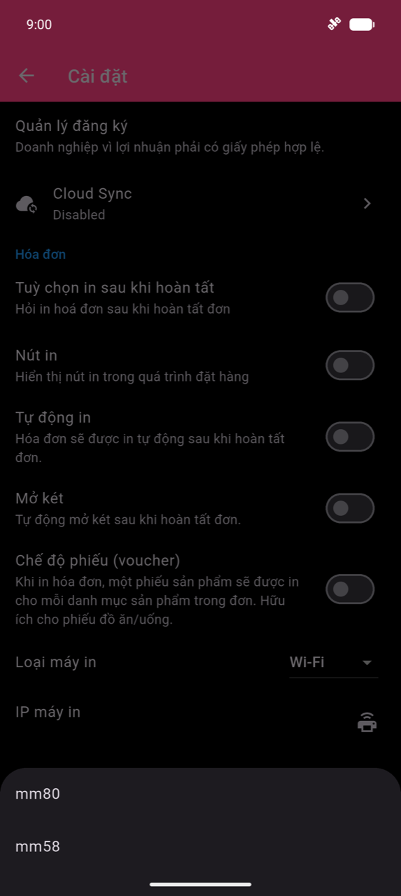 Trang chọn Khổ giấy với hai tùy chọn: mm80 và mm58