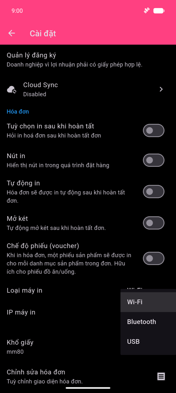 Phần Receipt trong Cài đặt với menu thả xuống Loại máy in đang mở, hiển thị ba tùy chọn: Wi-Fi, Bluetooth và USB