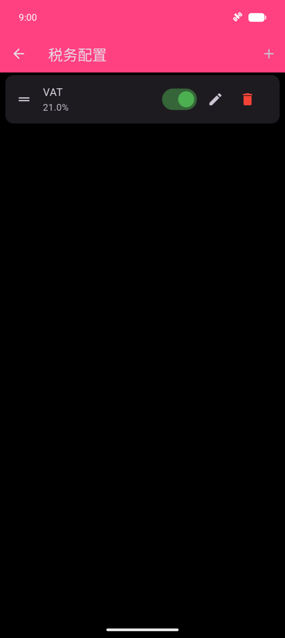 税务配置列表,一个条目:增值税 21.0%,绿色启用开关,铅笔和垃圾桶图标,以及应用栏中的 + 按钮